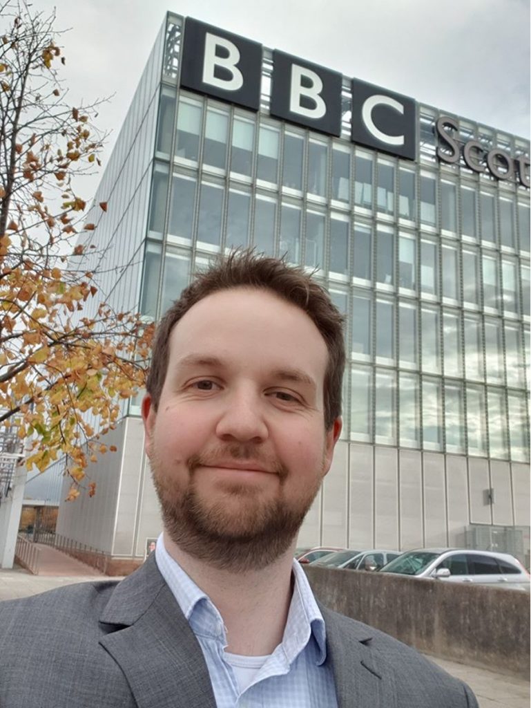 James Stewart, Chairperson and Trustee for Scottish Stammering Network, outside the BBC Studios in Glasgow